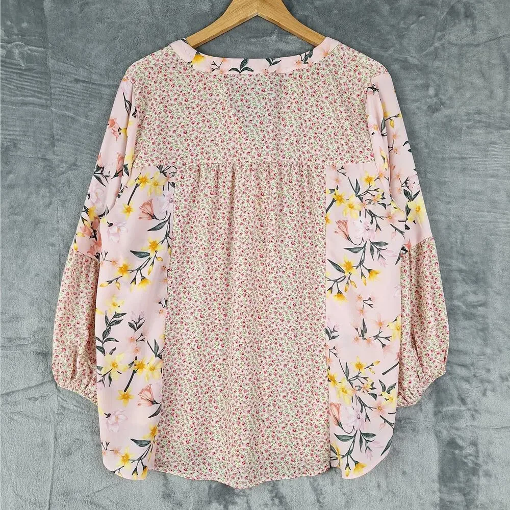 Womens Top 14/16W Pink Boho Romantic Floral Feminine Patchwork Bloomcore Button - Picture 7 of 7